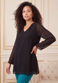Plus Size Georgette V-Neck Mesh Sleeve Tunic
