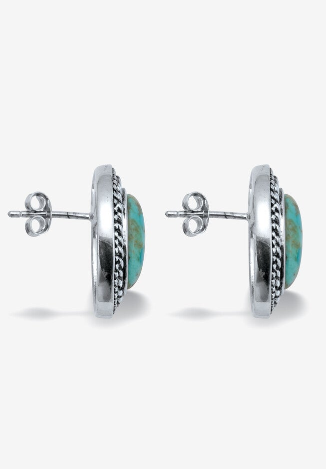 Genuine Blue Turquoise Sterling Silver Cabochon Bohemian Earrings, , on-hover image number 1