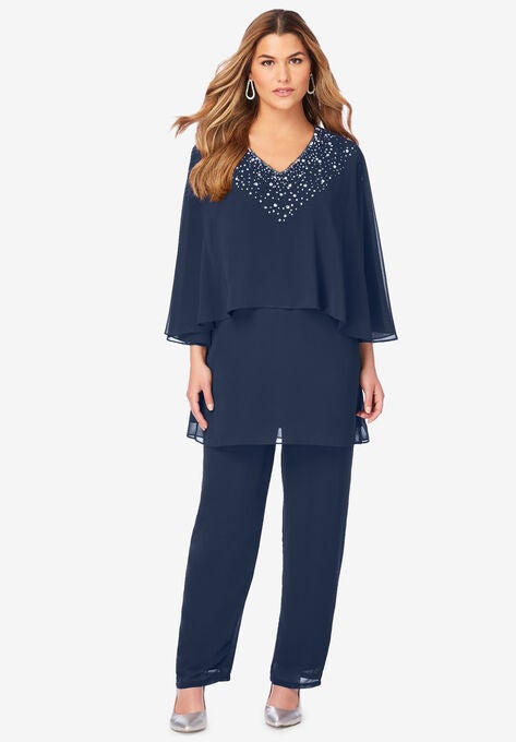 Embellished Capelet Pant Set, NAVY, hi-res image number null