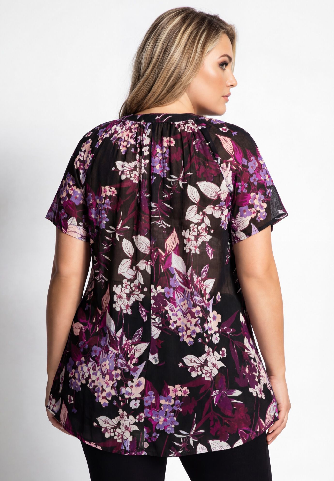 Plus Size Angelina Crinkle Crepe Y-Neck Short Sleeve Tunic, BLACK BERRY GARDEN, on-hover image number 1