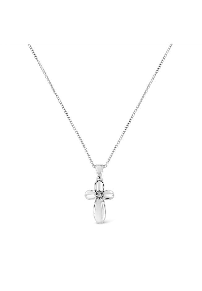 Silver Prong-Set Diamond Accent Floral Cross 18 inches Pendant Necklace, , on-hover image number 1