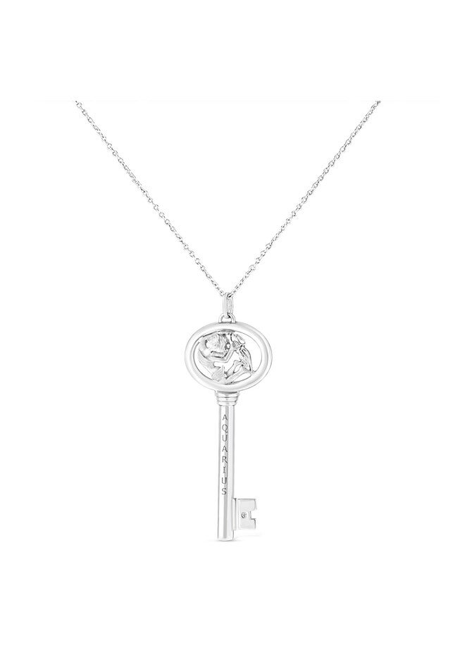 Sterling Silver Diamond Accent Aquarius Zodiac Key Pendant Necklace, , on-hover image number 1