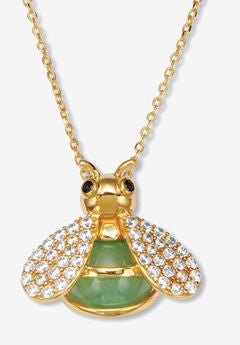 .61 Tcw Cz Genuine Green Jade 18K Gold-Plated Bee Pendant Necklace, 18 Inches