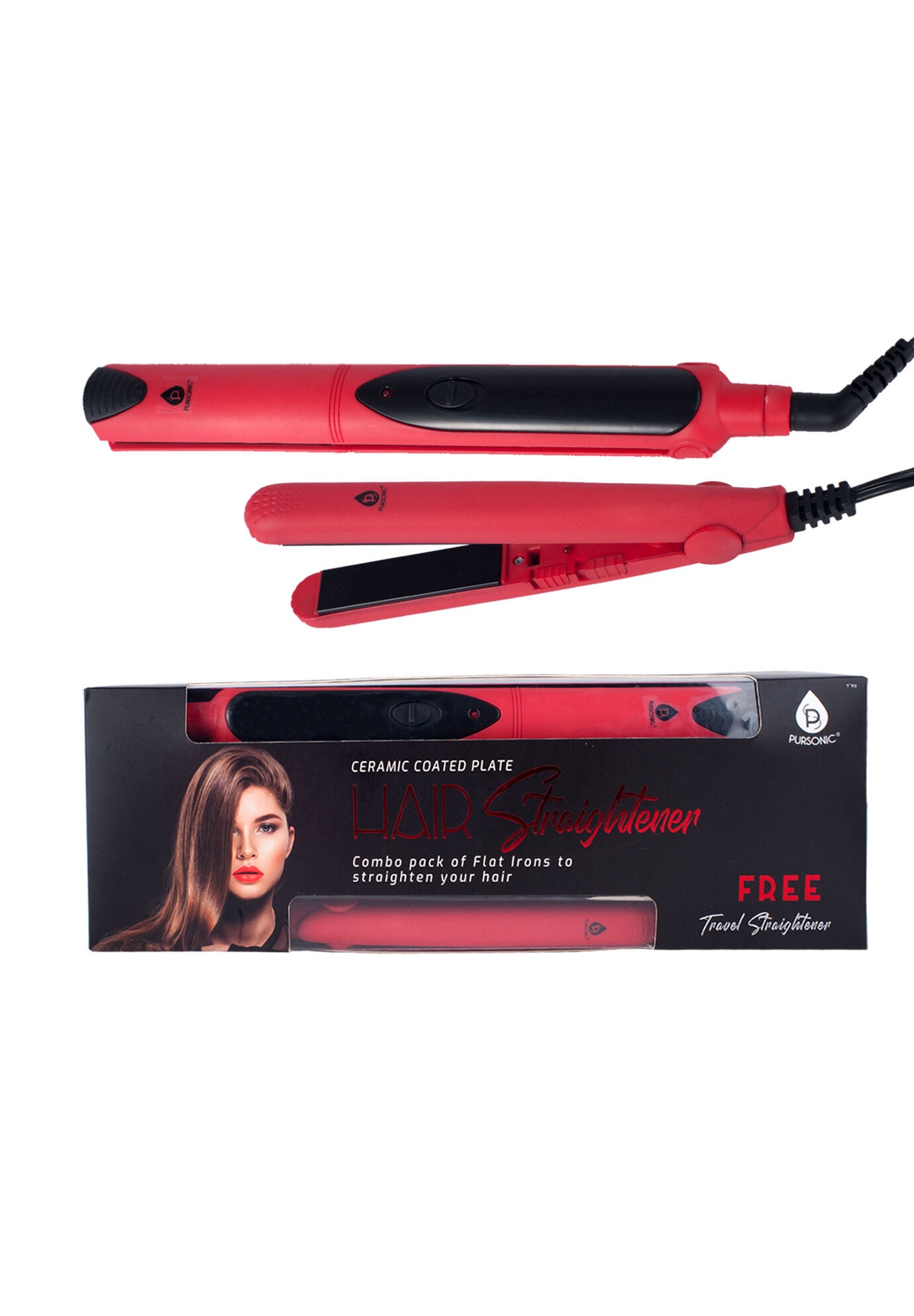 Dual Value Pack Hair Straightener Includes Travel Hair Strightener, RED, hi-res image number 0