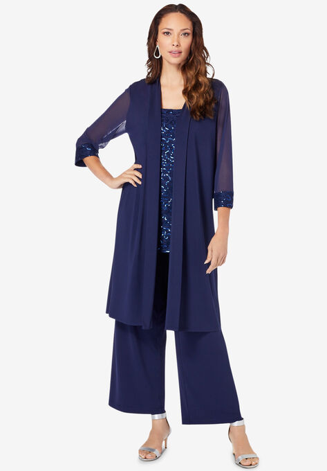 Three-Piece Lace & Sequin Duster Pant Set, NAVY, hi-res image number null