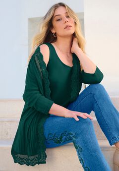 Plus Size Crochet Trim Pointelle Cardigan