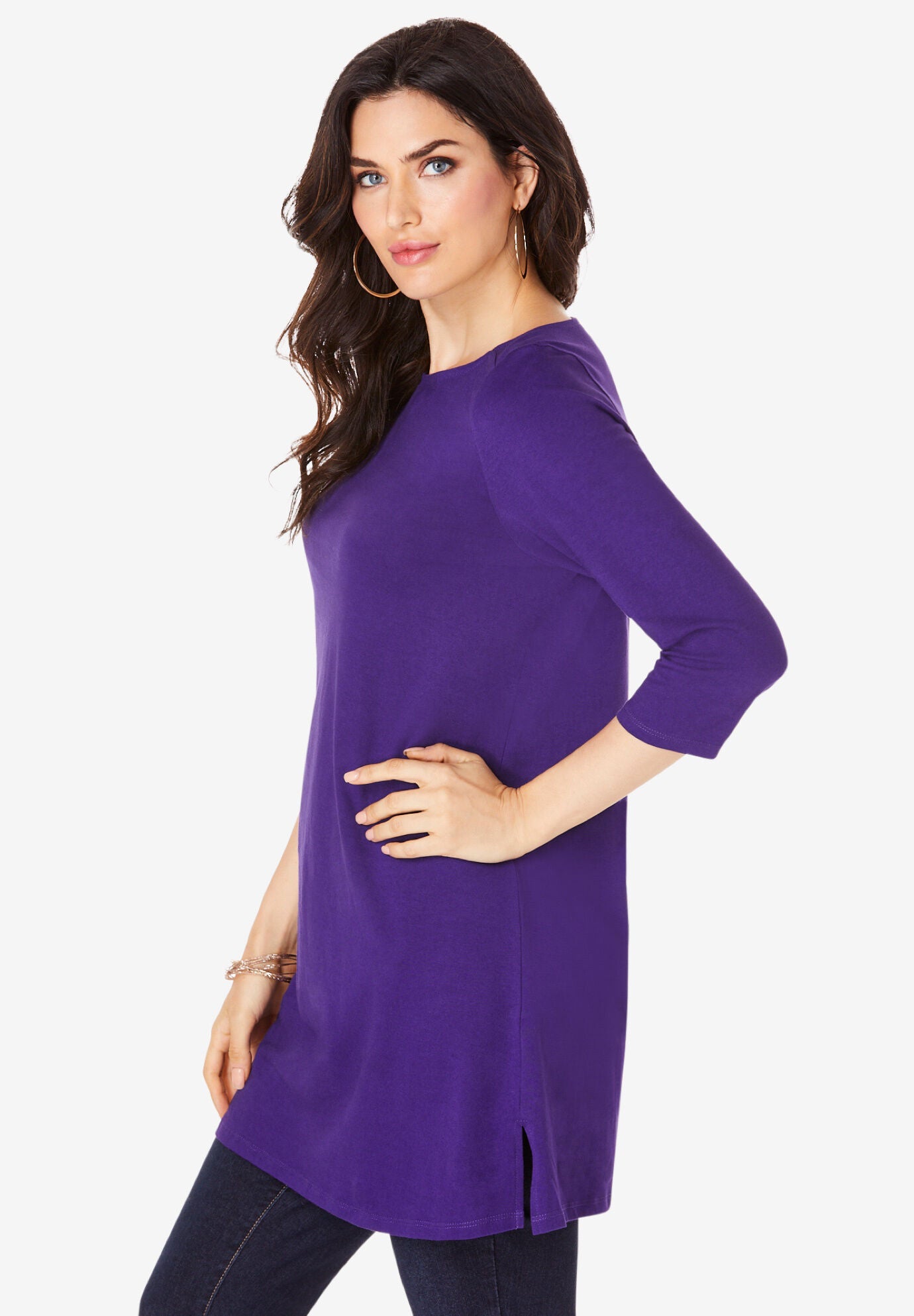 Plus Size Cotton Ultimate Boatneck Tunic with Side Slits, , on-hover image number 1