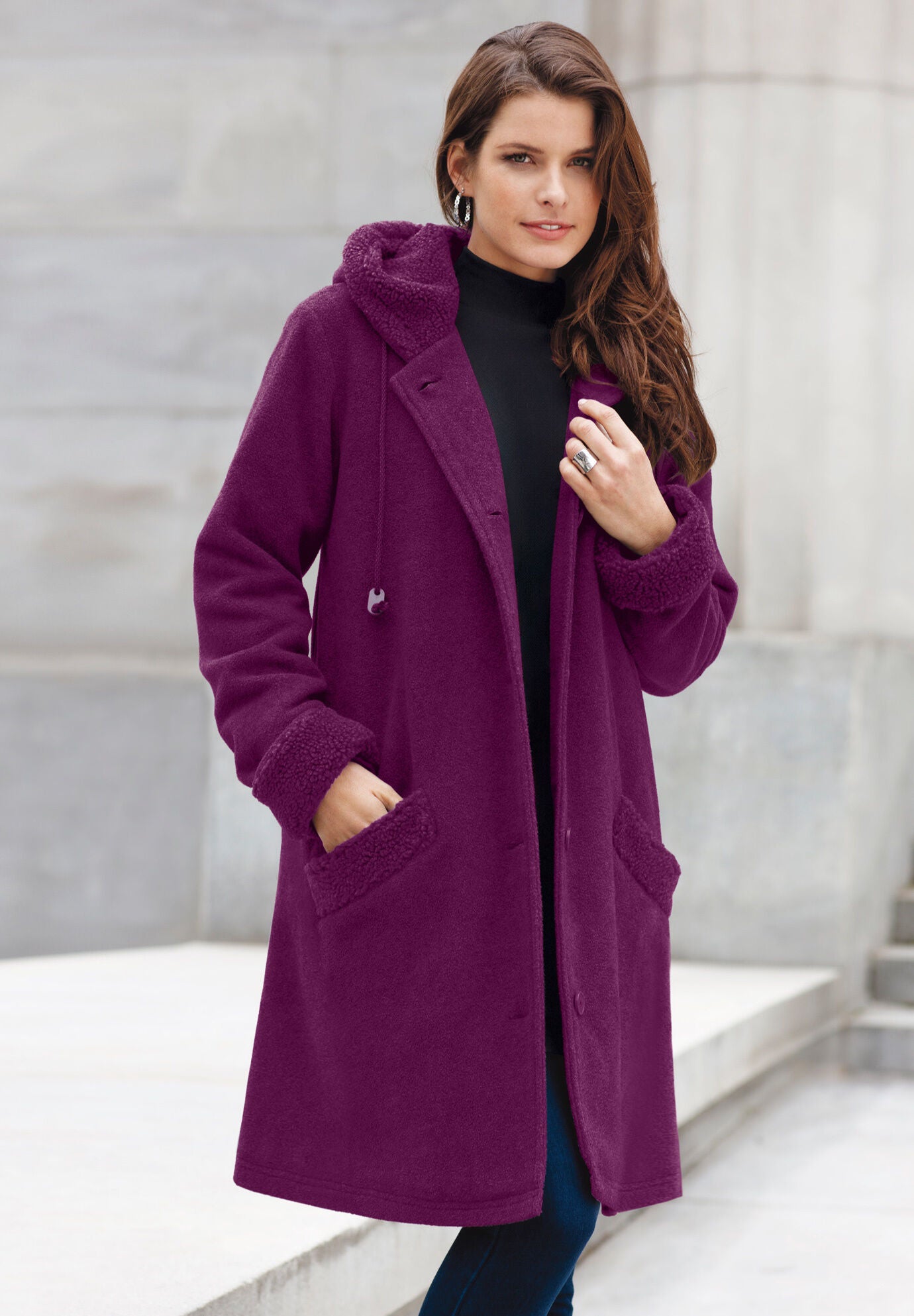 Hooded Button Front Fleece Coat