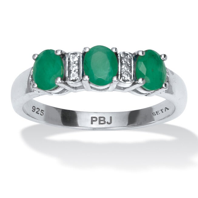 .75 TCW Oval Cut Genuine Green Emerald and White Topaz Sterling Silver Ring, GREEN, hi-res image number null