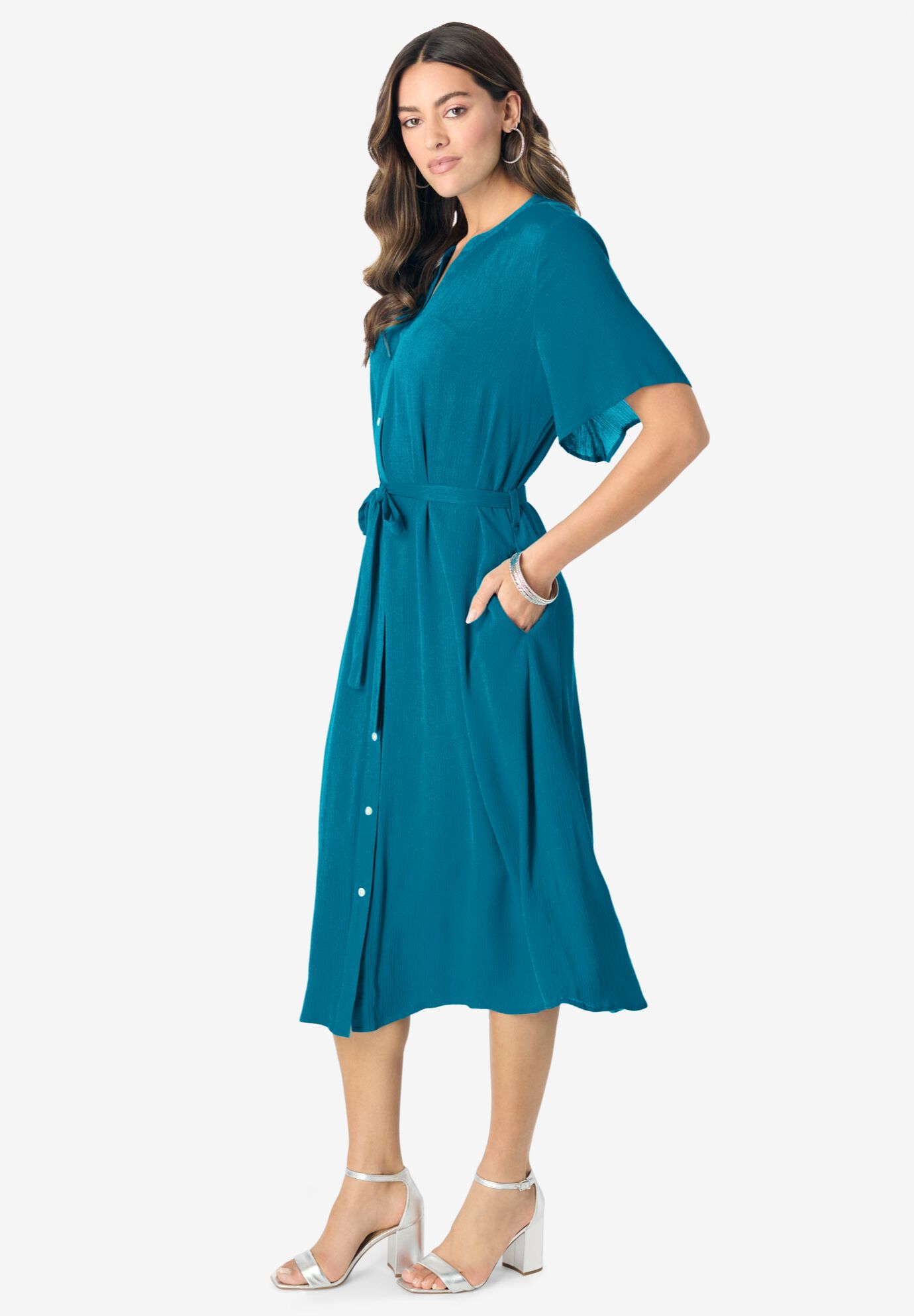 Hand-Crinkled Button-Down Dress, DEEP TEAL, alternate image number 2