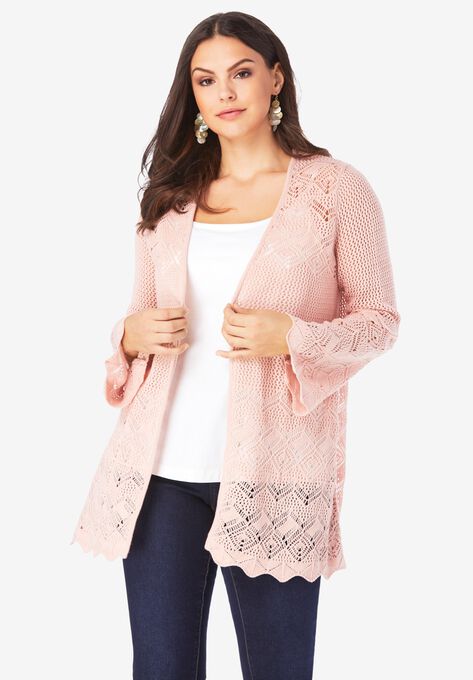 Bell-Sleeve Pointelle Cardigan, SOFT BLUSH, hi-res image number null