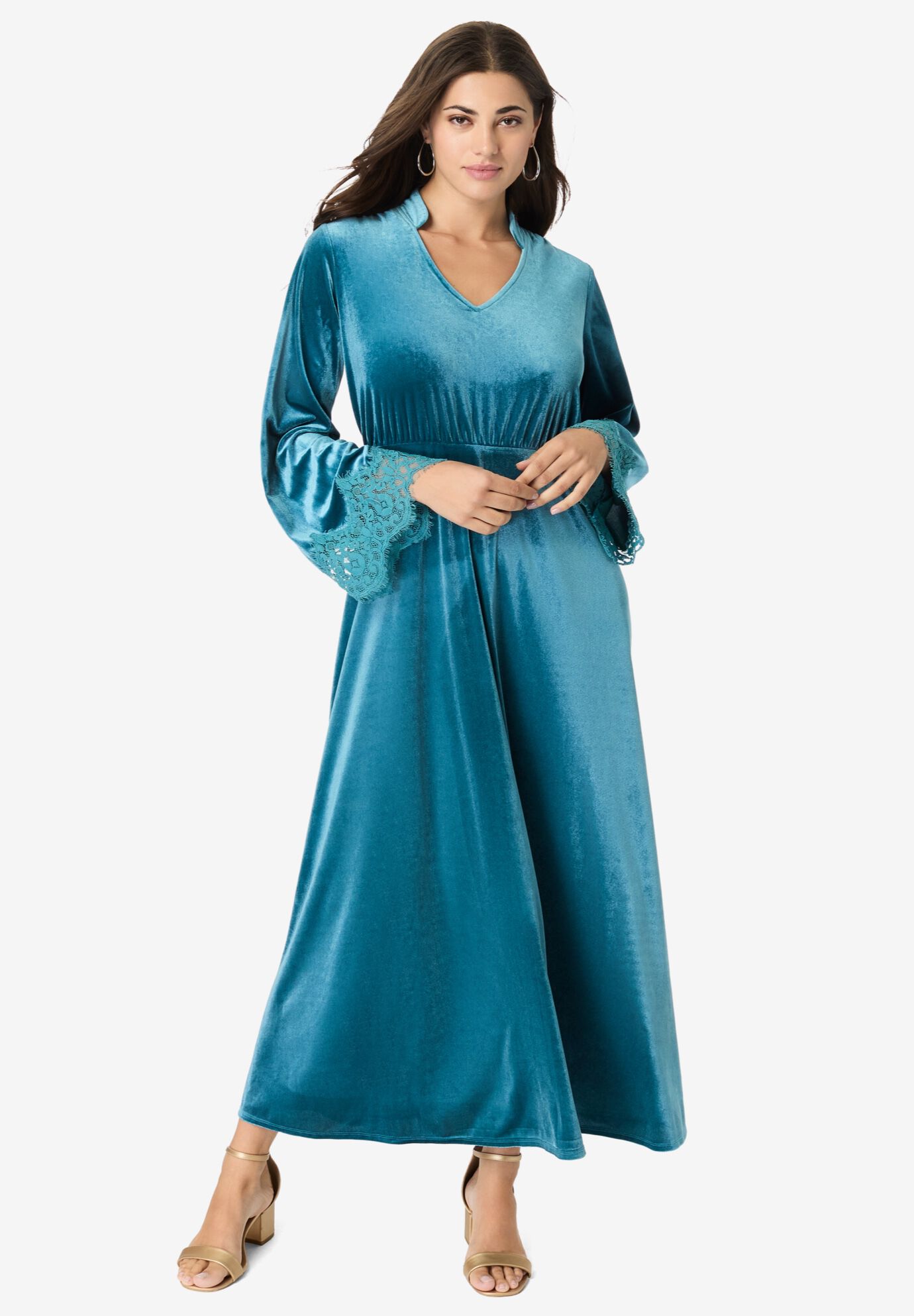 Lace-Trim Velour Maxi Dress, TEAL, hi-res image number 0