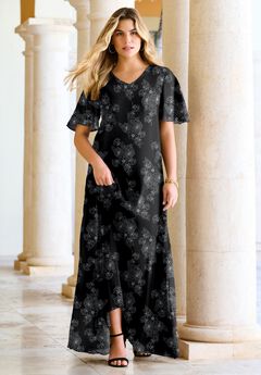 Plus Size Hand Crinkled Flutter-Sleeve Maxi Dress