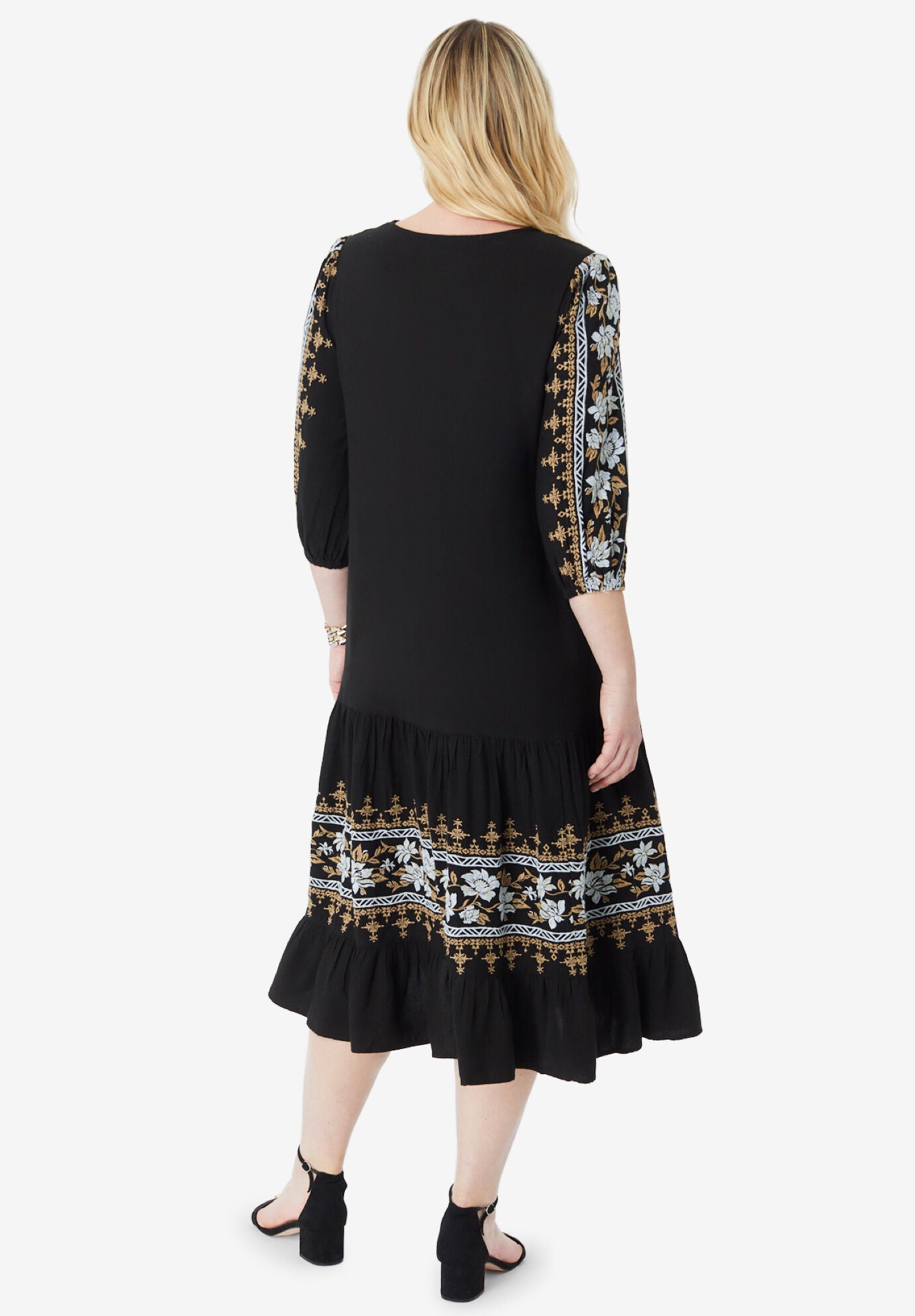 Tiered Embroidered Dress, BLACK PORCELAIN FLOWERS, on-hover image number 1