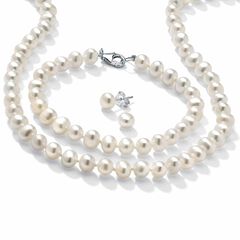 3 Piece Cultured Freshwater Pearl Necklace Bracelet and Earrings Set .925 Silver