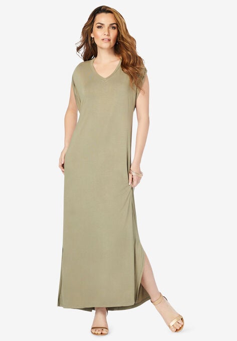Side-Slit T-Shirt Dress, GREEN KHAKI, hi-res image number null