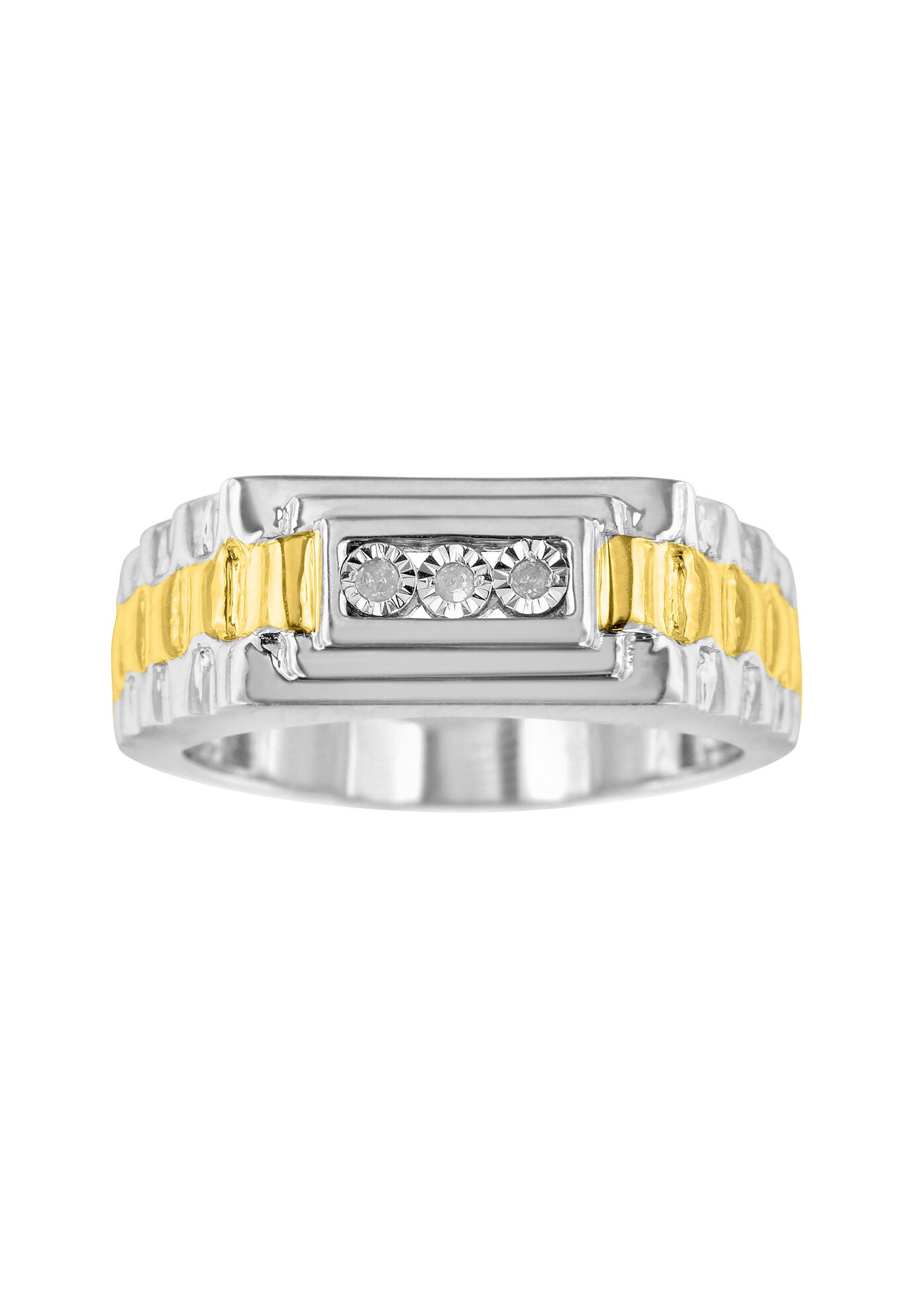Men&#39;S Yellow Gold Over Silver Diamond Accent Miracle-Set 3 Stone Ridged Band Ring, , alternate image number 2