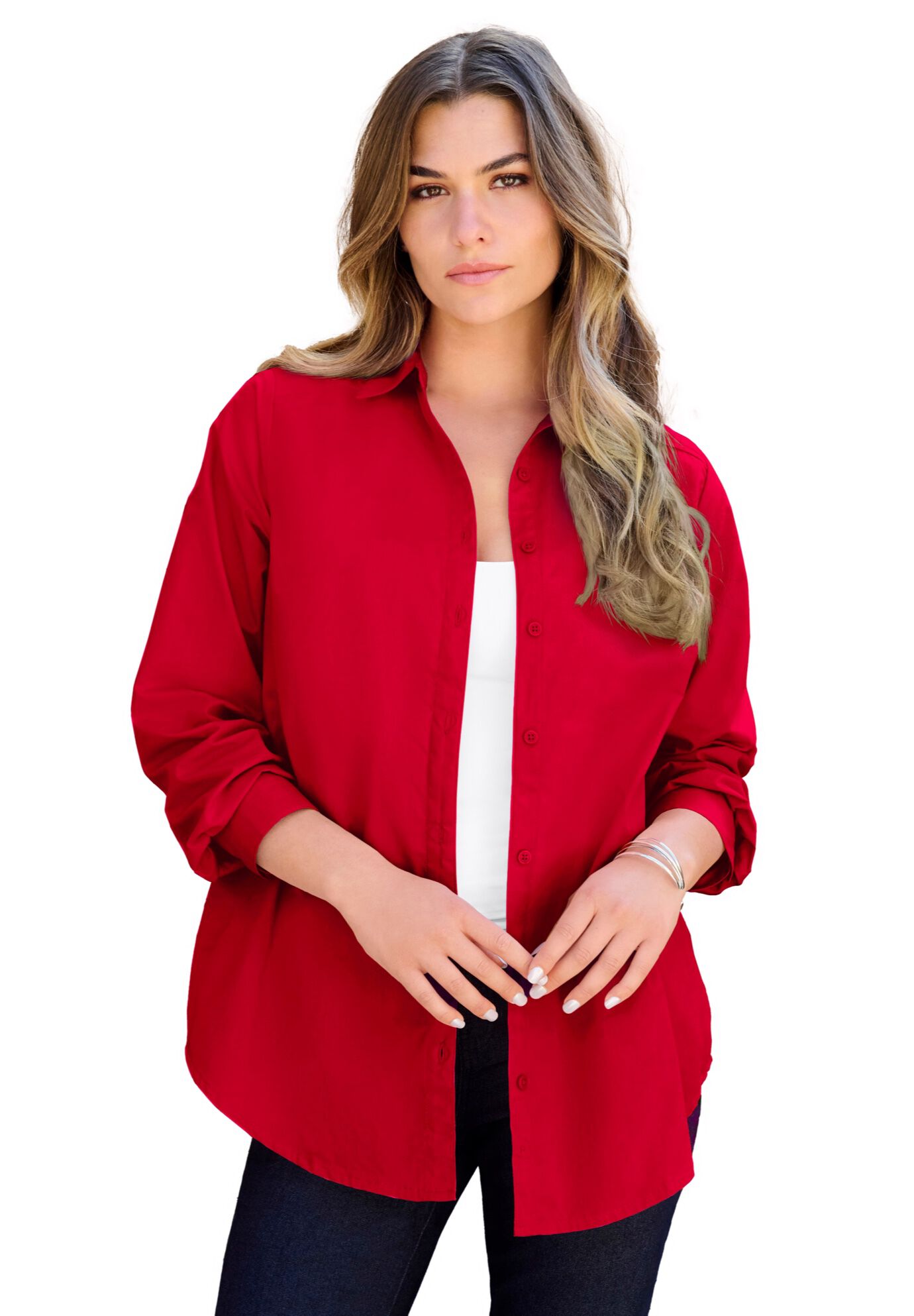 Plus Size Kate Long Sleeve Easy Cotton-Blend Button-Front Shirt, VIVID RED, hi-res image number 0