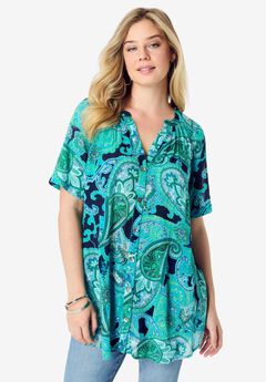 Plus Size Angelina Crinkle Crepe Y-Neck Short Sleeve Tunic