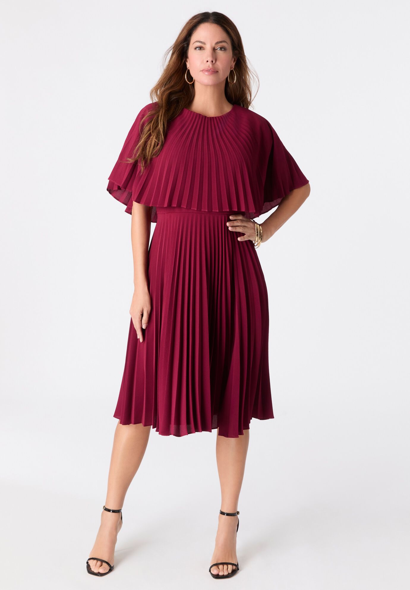 Crepe Pleated Cape Dress, WINE, alternate image number 4
