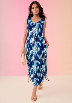 Plus Size Stretch Knit Sleeveless Midi Dress with Ruched Hem Detail