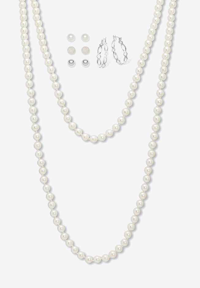 Simulated Pearl Silvertone Endless Necklace And Earrings Set, 70 Inches, SILVER, hi-res image number 0