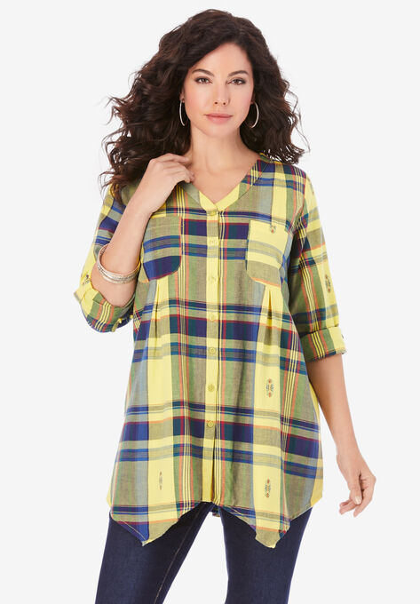 Soft Plaid Button-Up Big Shirt, YELLOW MEDALLION PLAID, hi-res image number null