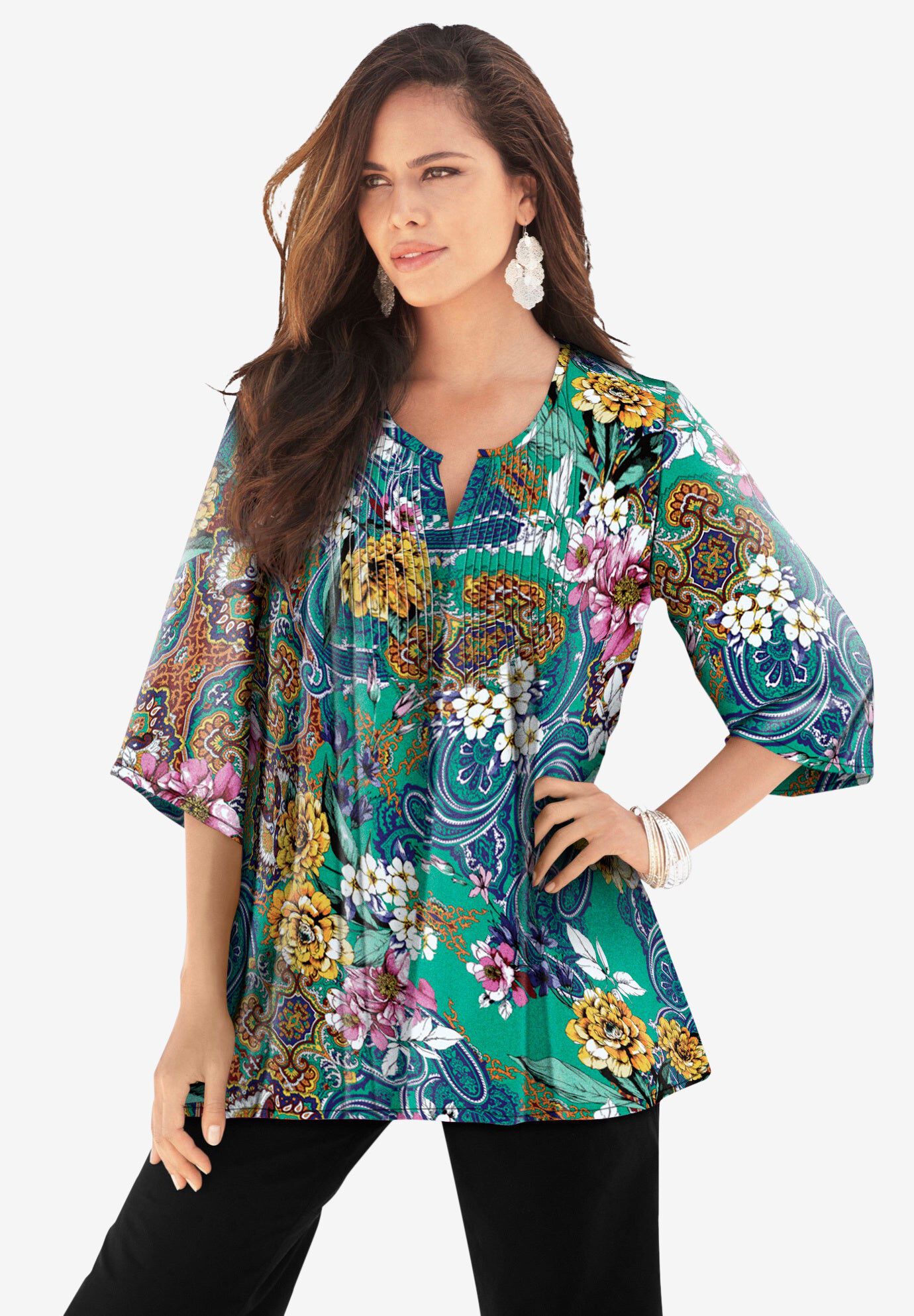 Extended Plus Size Tara Pleated Shirt &ndash; Adjustable 3/4 Sleeve Swing Tunic with Notch Collar, EMERALD PAISLEY GARDEN, hi-res image number 0