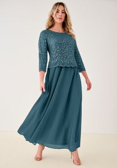 Extended Plus Size Sequin Lace Three Quarter Sleeve A-Line Gown