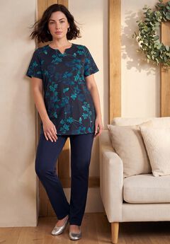 Plus Size Soft Knit Print Tunic with Notch Neckline