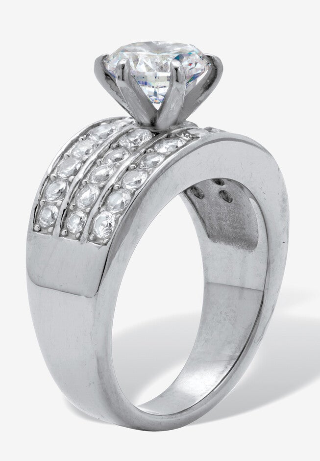 3.18 Tcw Round Cz Stainless Steel Three Row Pave Engagement Ring, , on-hover image number null