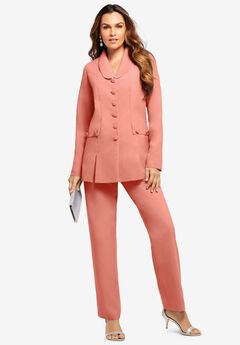 Plus Size Long Sleeve Ten-Button Shawl-Collar Pant Suit – 2-Piece Pant Set