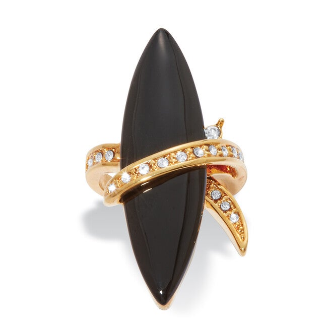 14k Gold-Plated Wrapped Marquise Onyx and Crystal Ring, BLACK, hi-res image number 0