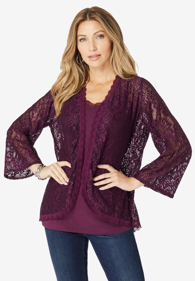 Allover Lace Cardigan, DARK BERRY, hi-res image number 0