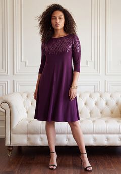 Plus Size 3/4 Sleeve Embellished Boatneck Dress