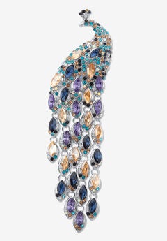 Marquise Cut Multi-Colored Crystal Peacock Pin Silvertone 5 1/2" Length
