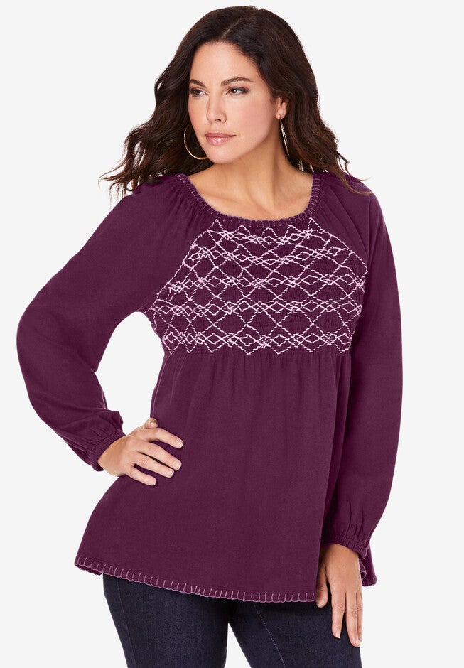 Smocked Embroidered Tee, DARK BERRY, hi-res image number null