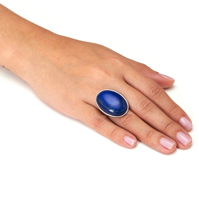 Oval Genuine Blue Lapis Platinum-Plated Ring, BLUE, alternate image number null