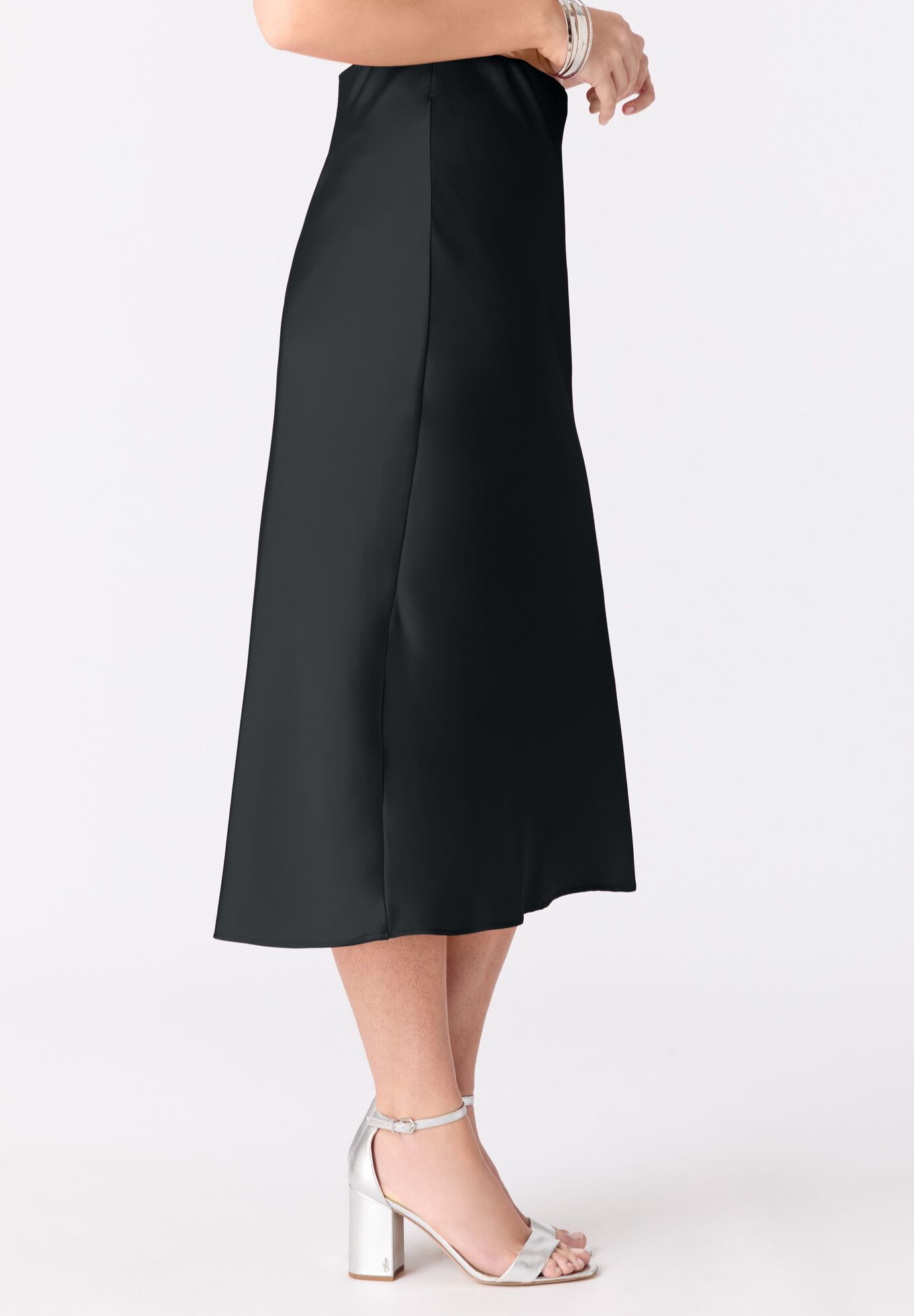 Plus Size Stretch Satin Midi Skirt, BLACK, alternate image number 2