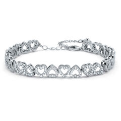 Round Crystal Heart Silvertone Bracelet 7-inch