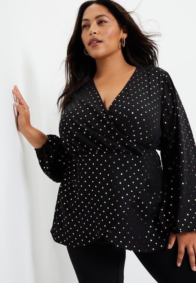 Faux-Wrap Blouson-Sleeve Top, , alternate image number null