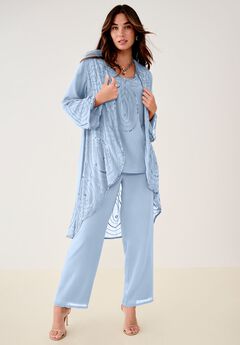 Plus Size Beaded Georgette Scoop Neck 3-Piece Pant Set