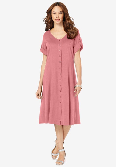 Button-Front Soft Knit Dress, DESERT ROSE, hi-res image number null