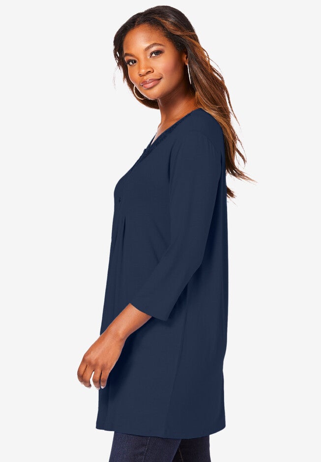 Lace-Embellished Henley Ultra Femme Top, , alternate image number null