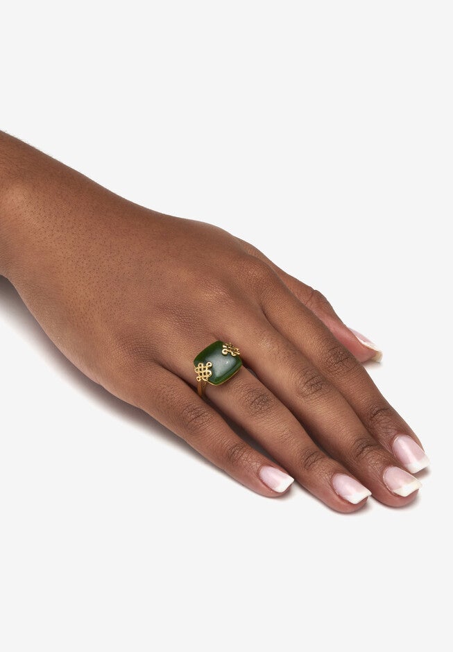Cushion Cut Genuine Green Jade 18K Yellow Gold-Plated Ring, , alternate image number 2