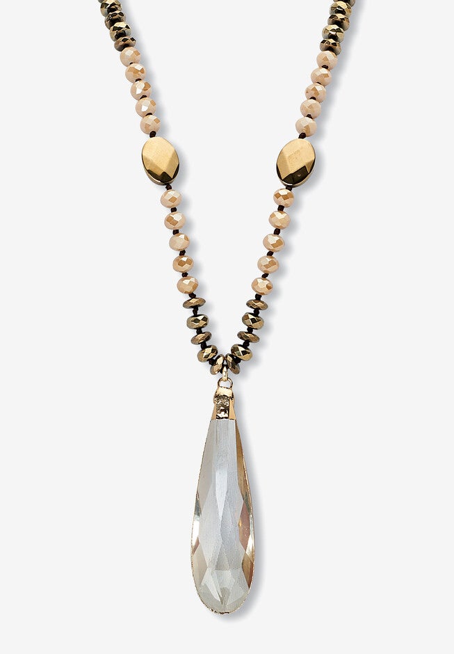 Brown Faceted Crystal Pendant Goldtone Drop Necklace, 32-Inch Length, GOLD, hi-res image number 0