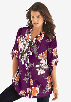 Plus Size Floral Y-Neck Pintuck Tunic – Adjustable Long Sleeve Button-Front, Relaxed Shirt Style