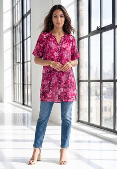 Plus Size Angelina Crinkle Crepe Y-Neck Short Sleeve Tunic