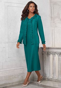 Plus Size Long Sleeve Pleated Jacket Dress Set – Elegant 2-Piece Sheath Suit