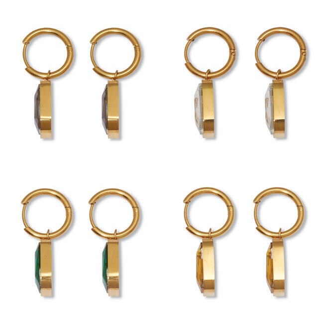 Emerald Cut Crystal Yellow Gold Ion-Plated Stainless Steel Huggie Earrings Set, BLACK, on-hover image number 1